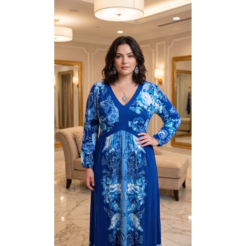 Soft Surroundings Womens 1X Blue Floral Maxi Dress Long Sleeve Boho Style